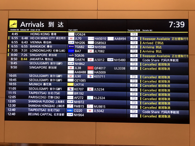 羽田空港着の便は、コロナウイルスにより約８割が欠航（キャンセル）